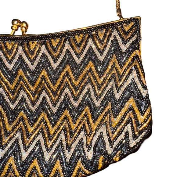 Vintage Beaded Elegant Black and Gold Chevron Clutch - Picture 2 of 4